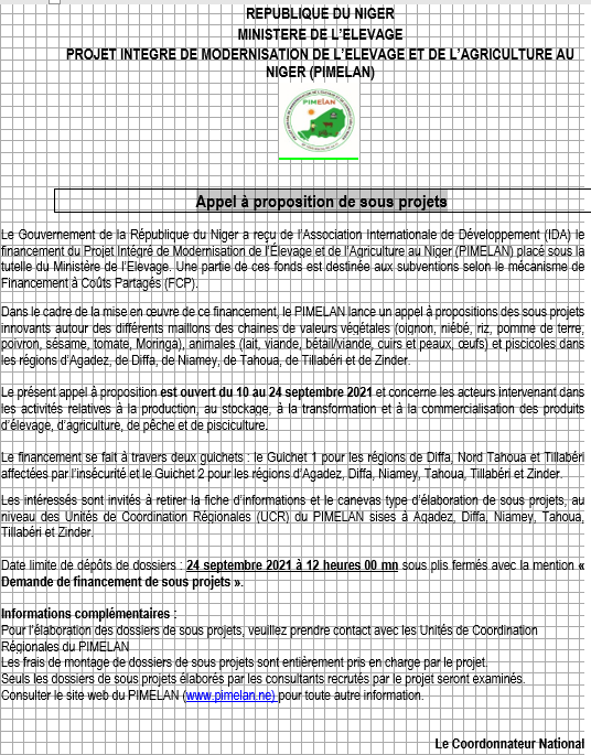 Le Projet Intégré de Modernisation de l’Élevage et de l’Agriculture au Niger lance les Appel à proposition de sous projets.