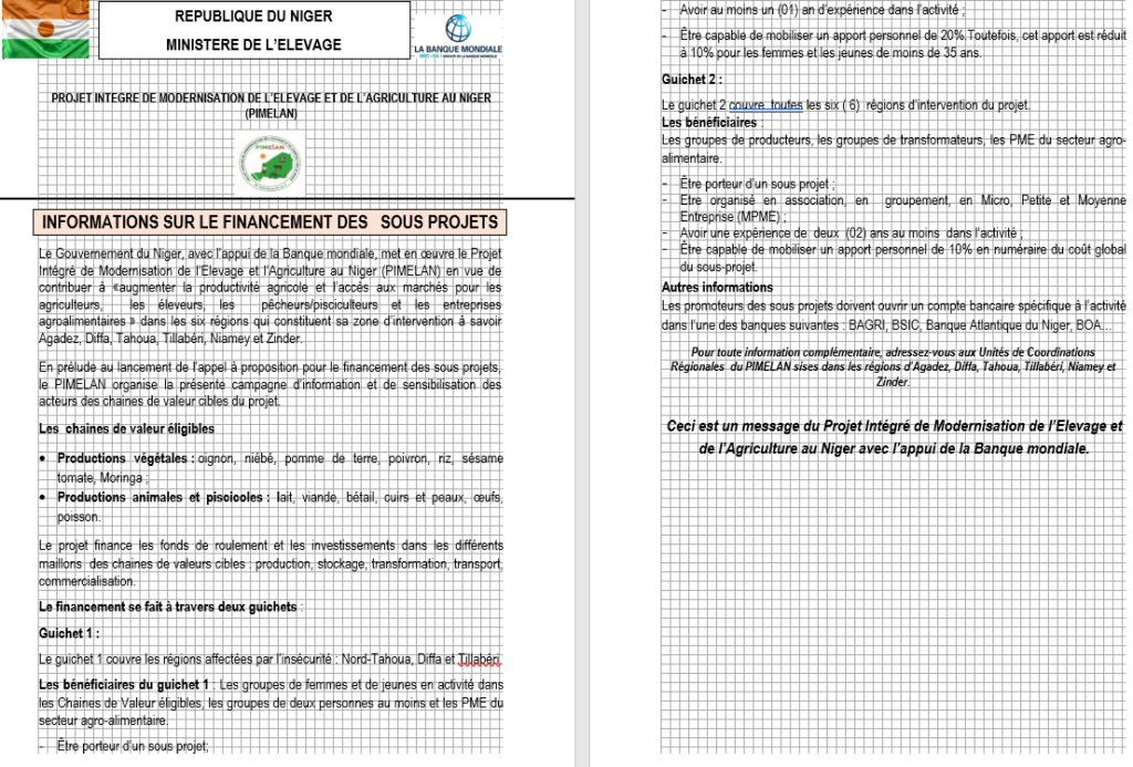 Le Projet Intégré de Modernisation de l’Élevage et de l’Agriculture au Niger lance les activités de financement de sous projets.